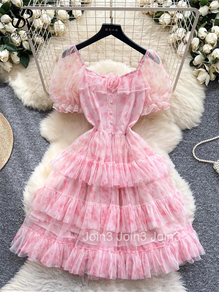 Senior Floral Short Dress Female Puff Sleeves 3D Flower Elastic Waist Slim Fit Chic Edible Tree Fungus Mesh Sundress