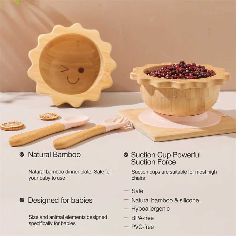 Baby Wooden Tableware Set Sun Bamboo Wooden Plate Bowl Silicone Suction Wooden Handle Fork Spoon for Newborn Feeding Supplies X250806