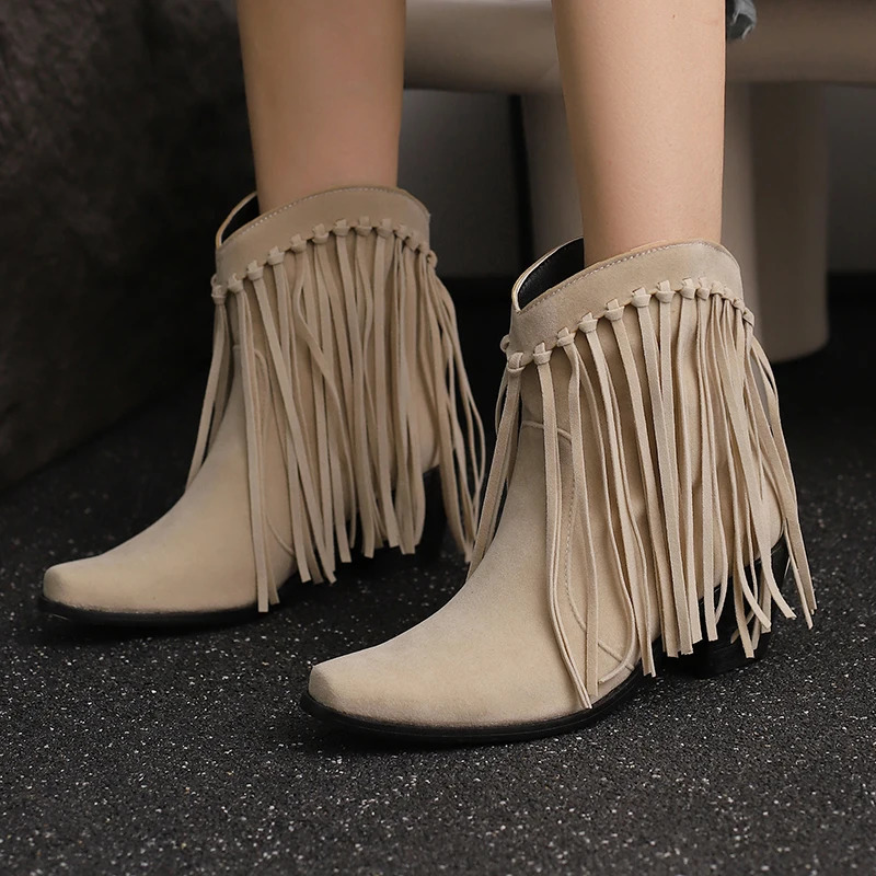 Cowboy Western Boots Womens Fringe Ankle Boots Chunky Med Heels Shoes Flock Retro Square Toes Footwear Fall Winter 250731