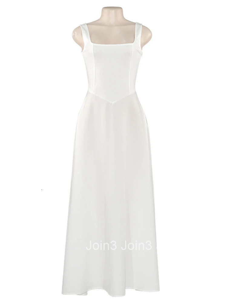 White Sleeveless Suspnder Long Dress For Women Square Collar Fashion High Waist Sexy Dress A-line Splice Elegant Dress