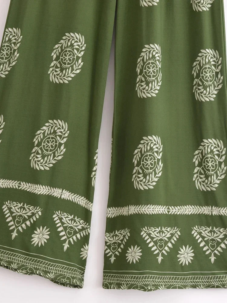 Vintage Chic Women Green Floral Bohemian Wide Leg Pants Lady Elastic Waist Loose Vacation Boho Long Pants Oversize Trousers 250806