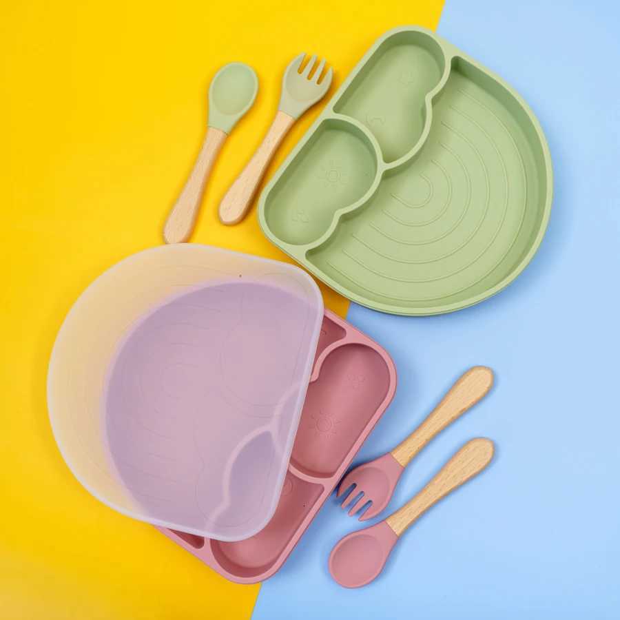 New Design Silicone Dining Plate Suction Cute Cartoon Rainbow Dishes Toddle Training Feeding Sucker Bowls Childrens Tableware X250806