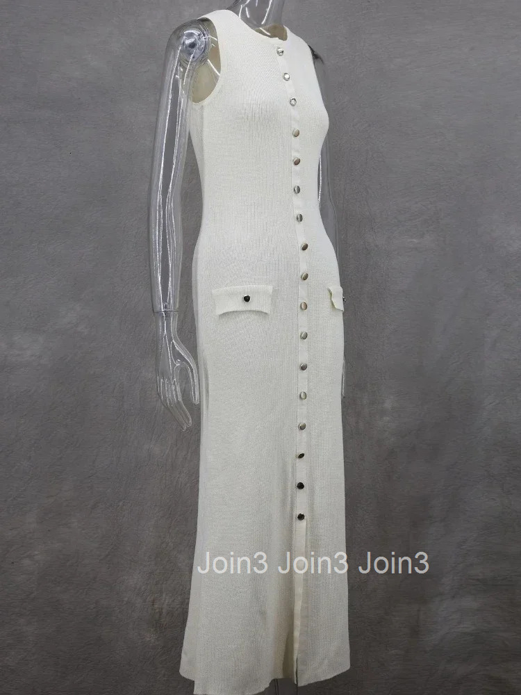 CPSYMYM Elegant Lady Knitted Single Breasted Long Dresses Women Solid Sleeveless O Neck Button Bodycon Party Female Vestidos