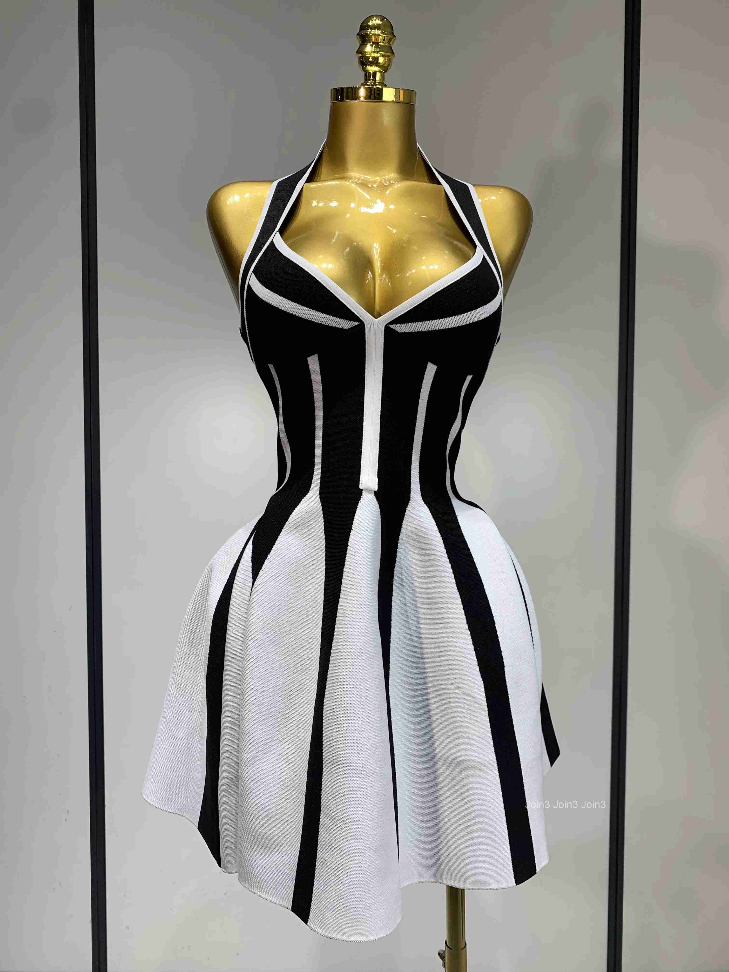 Women Sexy Backless Black White Stripes Halter Bandage A Line Short Dress Celebrity Elegant Evening Party Holiday Club Dress
