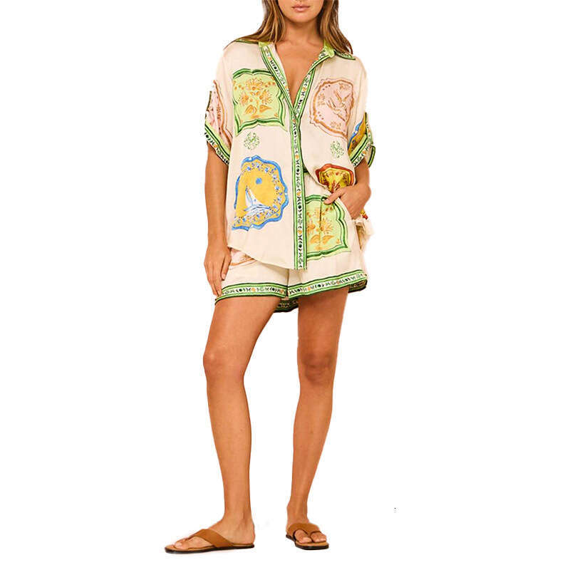 New Loose Casual Shorts Versatile Printed Fashion Shirt Collar Two-Piece Set B5