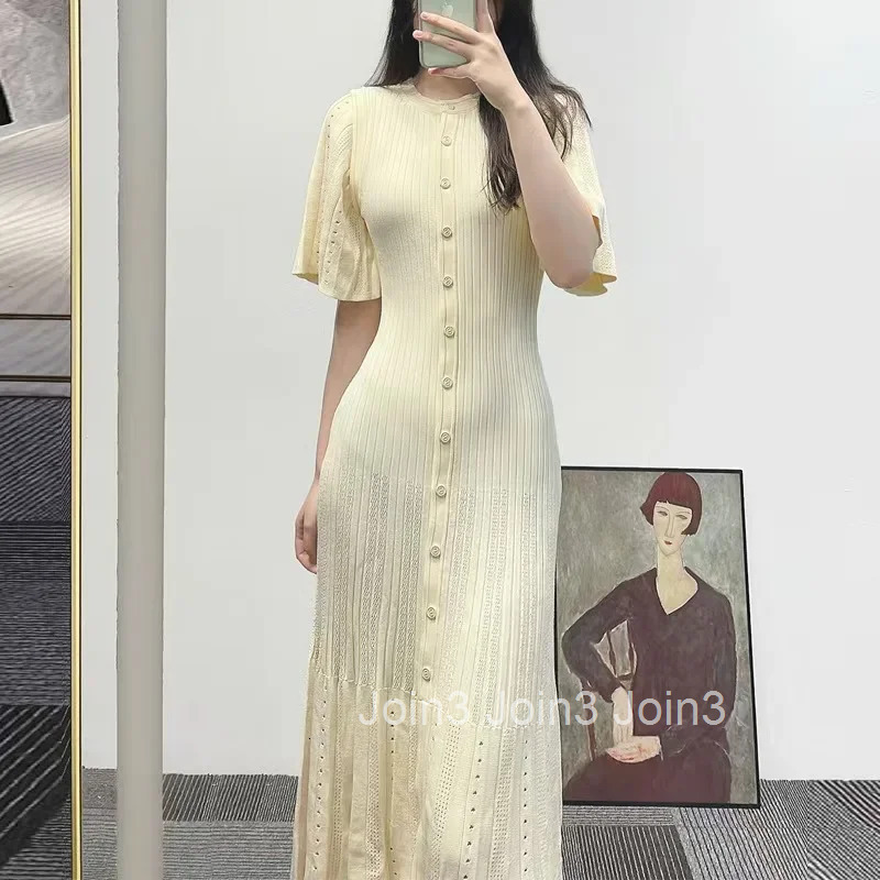 Elegant Waist-Fitted Flare Sleeve Knit Dress Socialite Style New Arrival Womens Single-Breasted Long Round Neck Dress