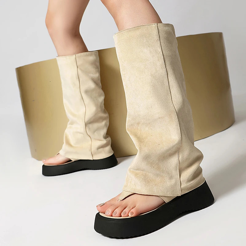 Plus Size Frosted Suede Material Flat Bottom Clip Toe Cover For Womens Summer Midsole Boots Breathable Lining Peep Toe Boots 250805