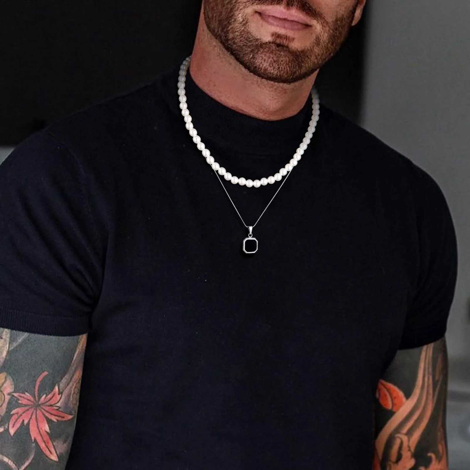 2pcs Necklace Set for Men Geometric Square Pendant with 55cm Rope Box Cuban Chain Simulated Pearl Chain Steel Necklace Y250805