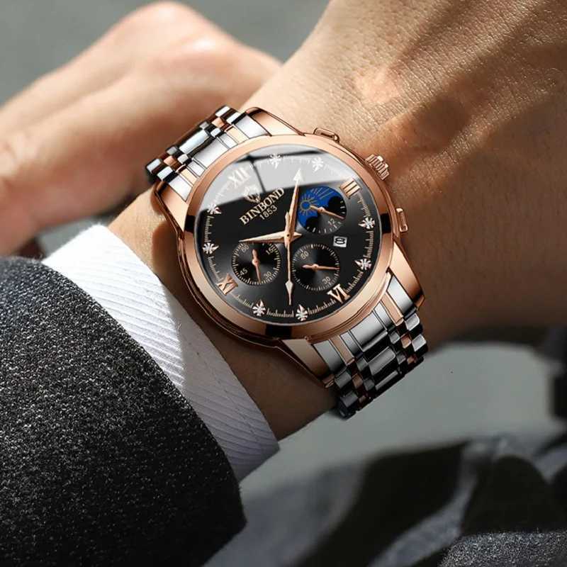 BINBOND New Mens Top Luxury Business Waterproof Luminous Hands Display Date Stainless Steel Strap Quartz W250806
