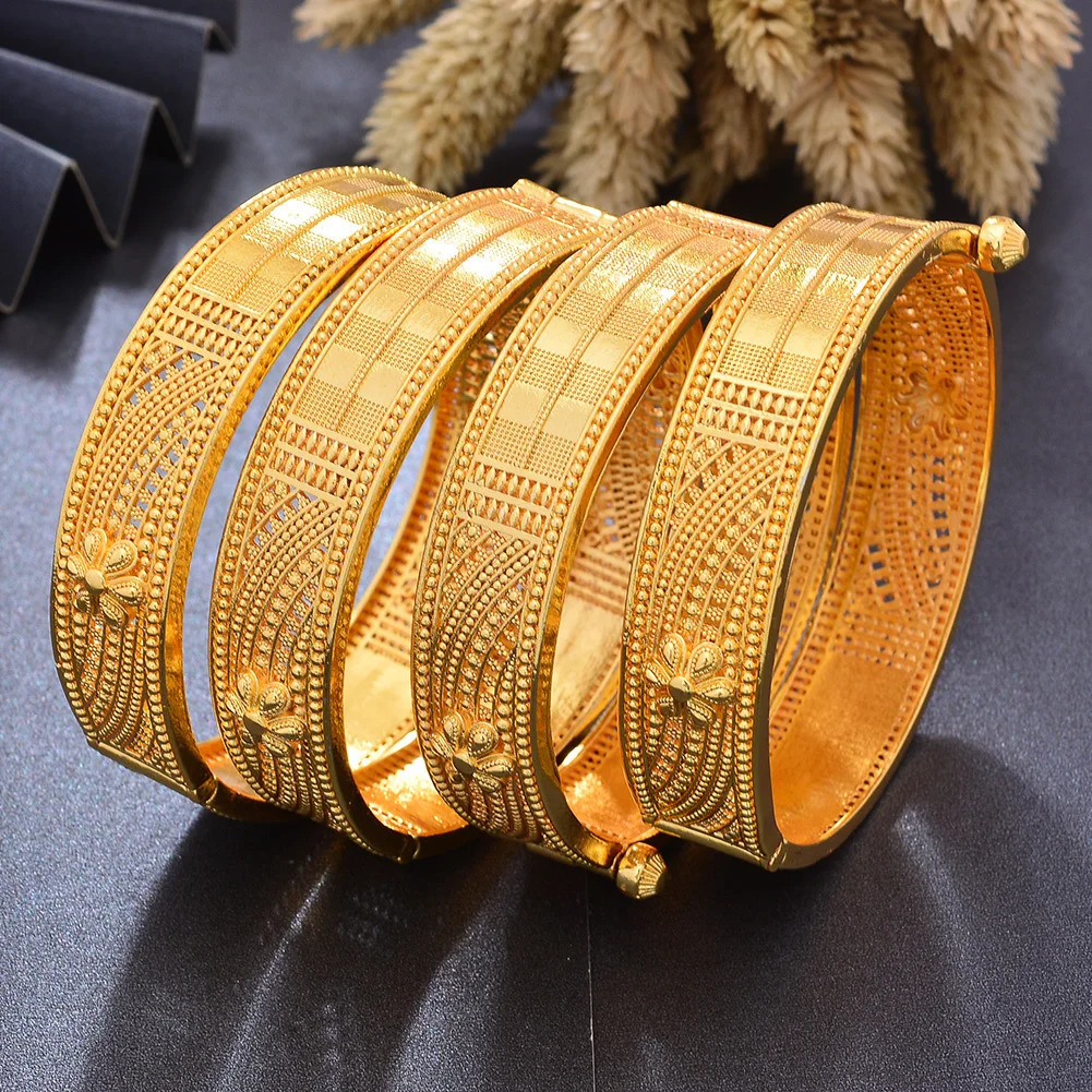 4Pcs/set Big Ethiopia 24k Dubai Gold Color Bangles For Women African Party Wedding Flower Gifts Bangles Bracelets Jewelry Gifts 250805