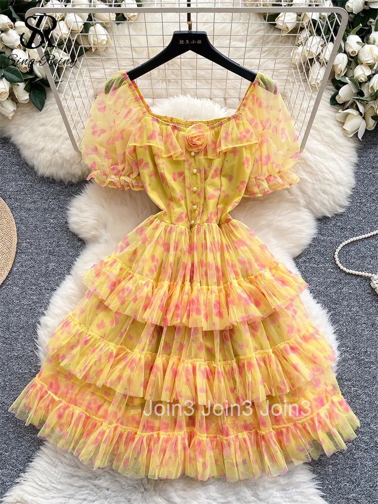 Senior Floral Short Dress Female Puff Sleeves 3D Flower Elastic Waist Slim Fit Chic Edible Tree Fungus Mesh Sundress