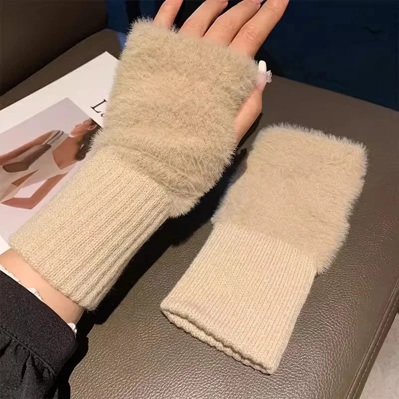 Soft Winter Half Finger Gloves Women Warm Solid White Plush Knitted Fingerless Gloves Wrist Mittens Writting 250806
