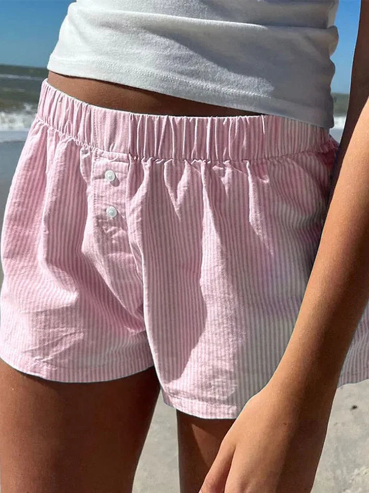 Striped Print Casual Shorts for Women Elastic Waist Fashion Button Bottoms Streetwear Chic Basic Y2K Loose Shorts 250806