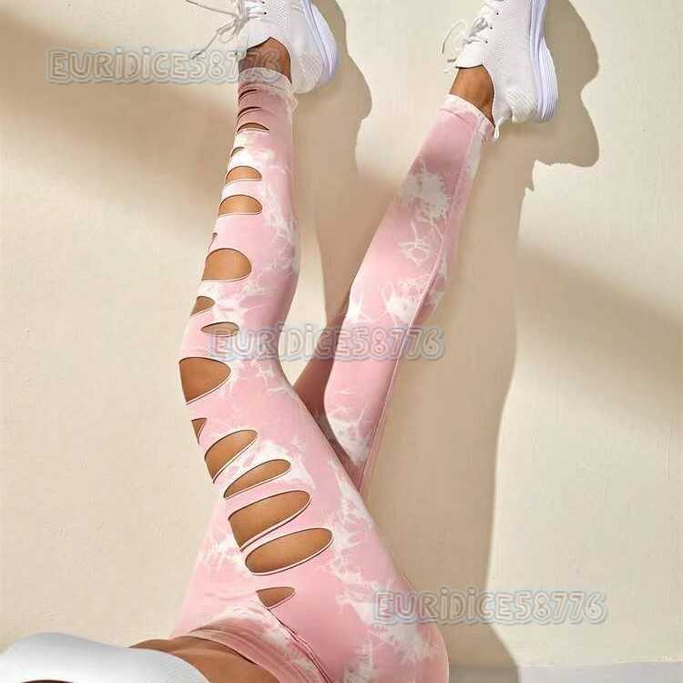 Seamless Tie-dye Hollow Out Ripped High-waisted Tight-fitting Hip-lifting Quick-dry Training Fitness Pants Sports Long Pants for Women H250806