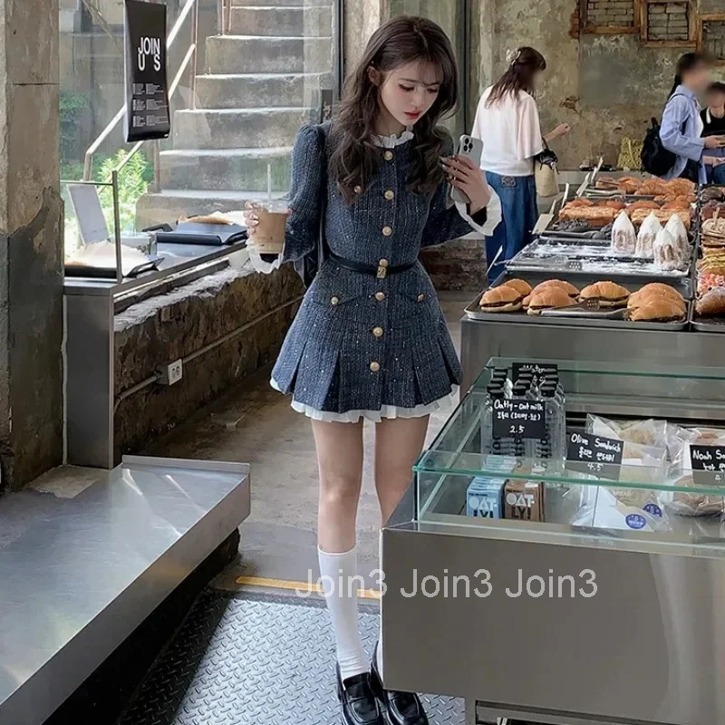 French Tweed Splice Pleated Dress Women Korean Flounce Single Breasted Fashion Shiny Temperament Gentle Waist Slim Spring Wear