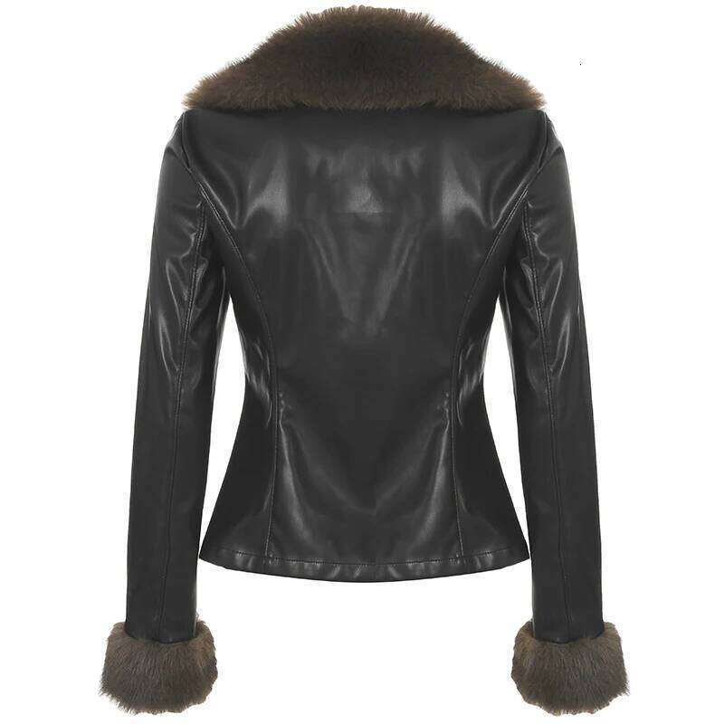 Faux Fur Patchwork Pu Leather Jacket Luxurious Furry Collar Warm Down Coats Winter Chic V-neck Cardigan Thick Outerwear