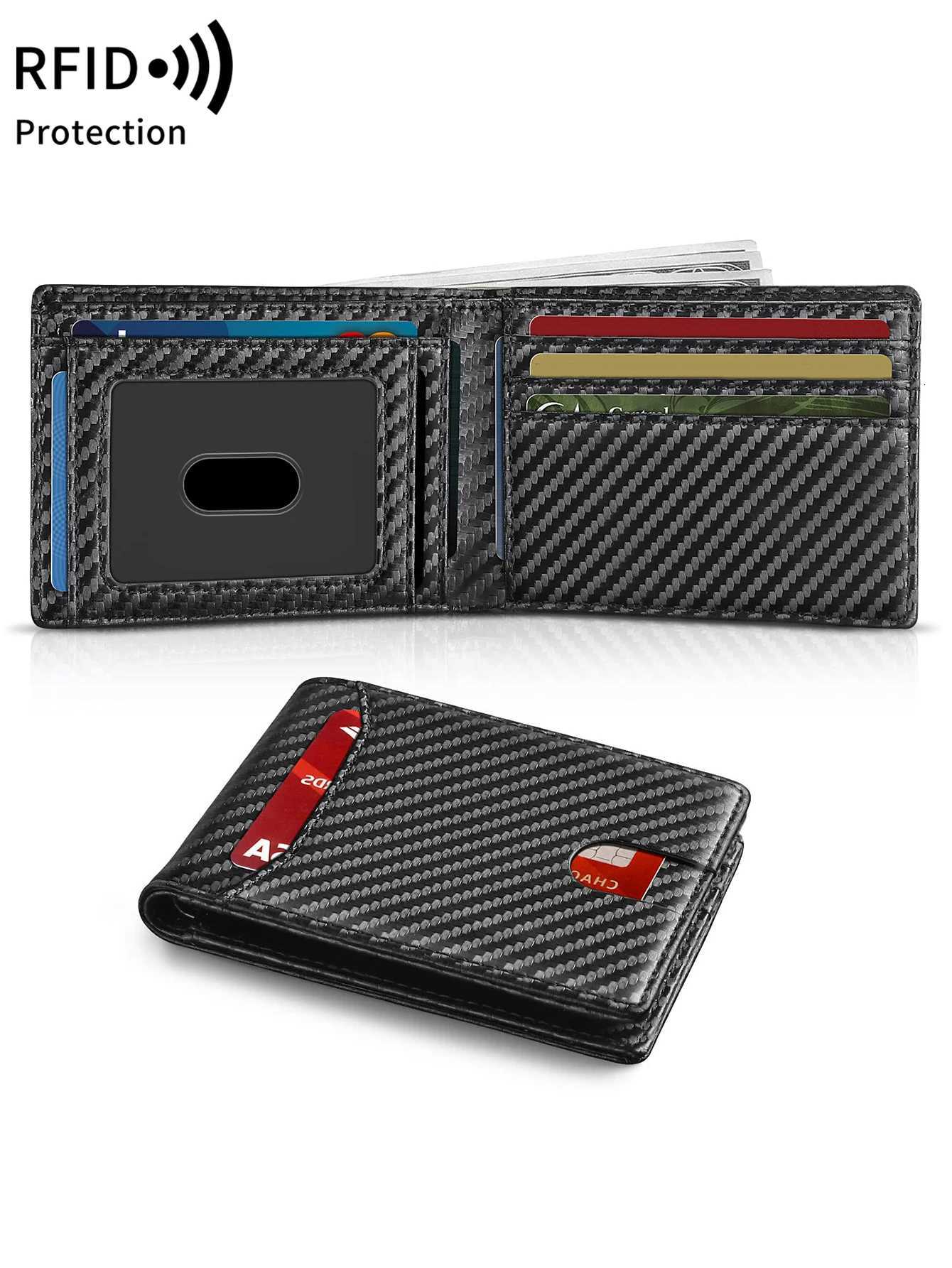 Mens Ultra-Thin RFID Double Fold Wallet Minimalism Carbon Fiber Pattern Ultra-Thin Card Holder Fashionable Wallet with ID Window XJ250806