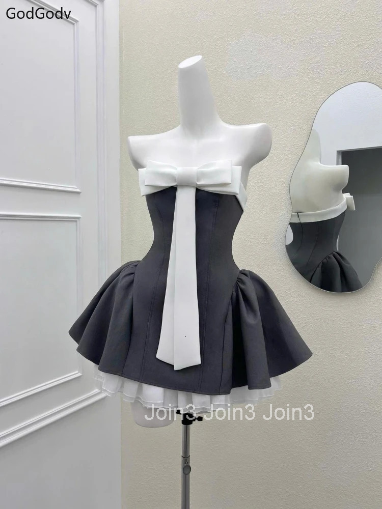 Summer New Vintage Elegant Woman Dress Strapless Bow Patchwork High Waist Puffy Mini Dress Female French Chic Sexy Outfits