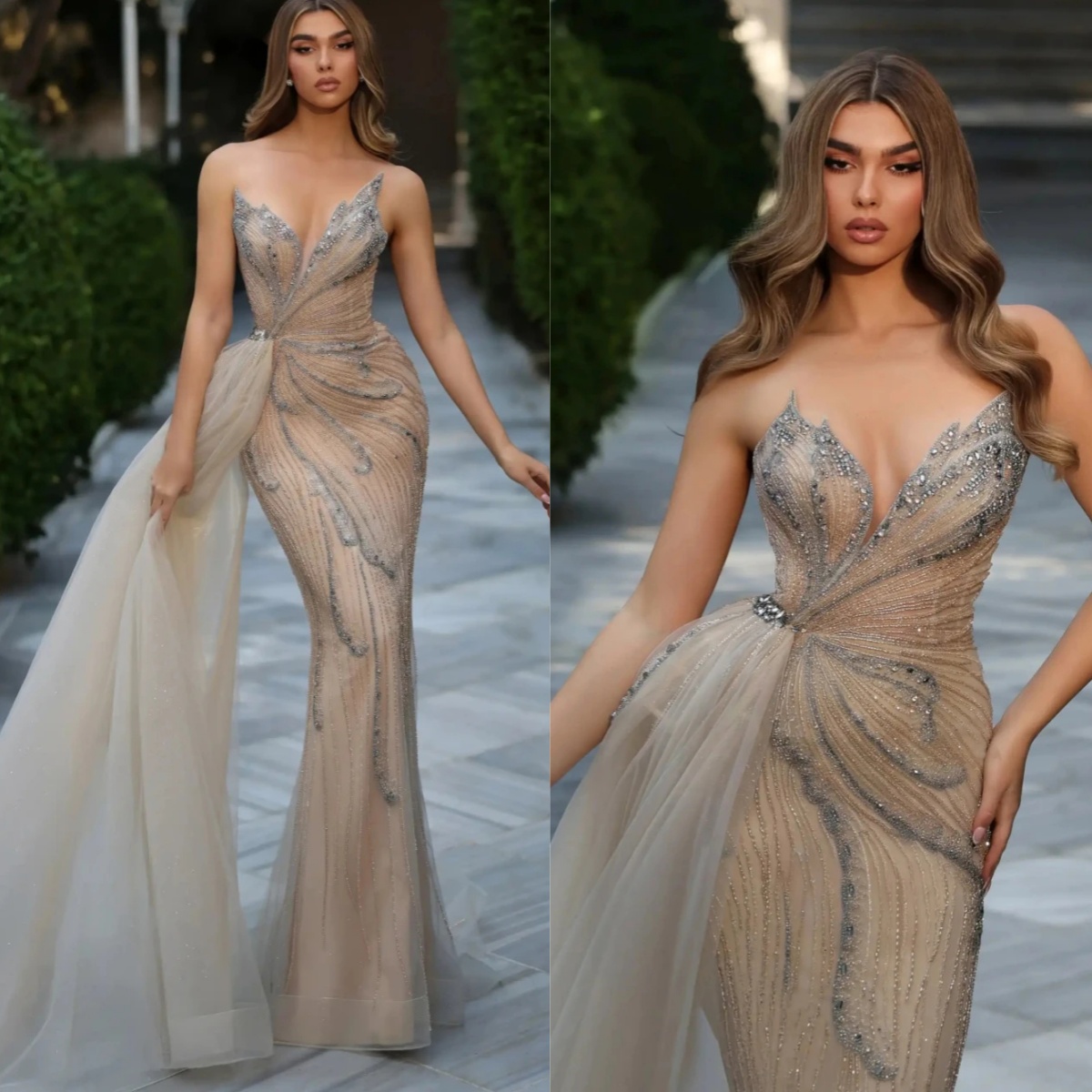 Sexy Beading Strapless Mermaid Evening Dresses With Side Train Vintage Crystal Sleeveless Floor Length Evening Gowns