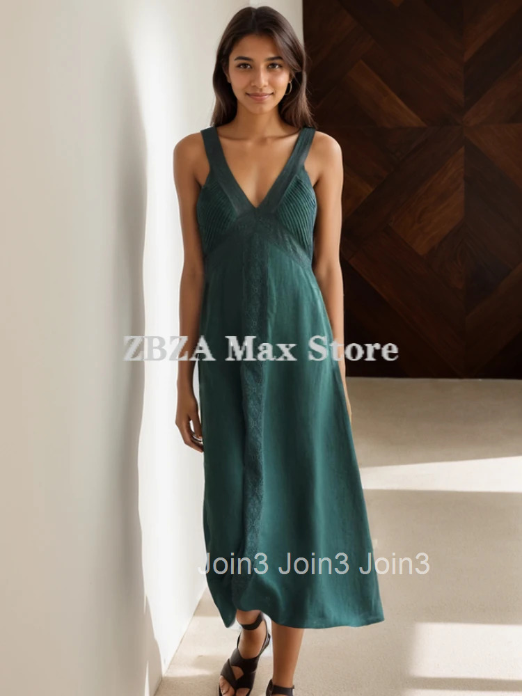 ZBZA Lace Camisole Dress V-neckline Wide Straps Solid Hidden Zipper Sleeveless Backless Elegant A-line Skirt Female Chic Dress