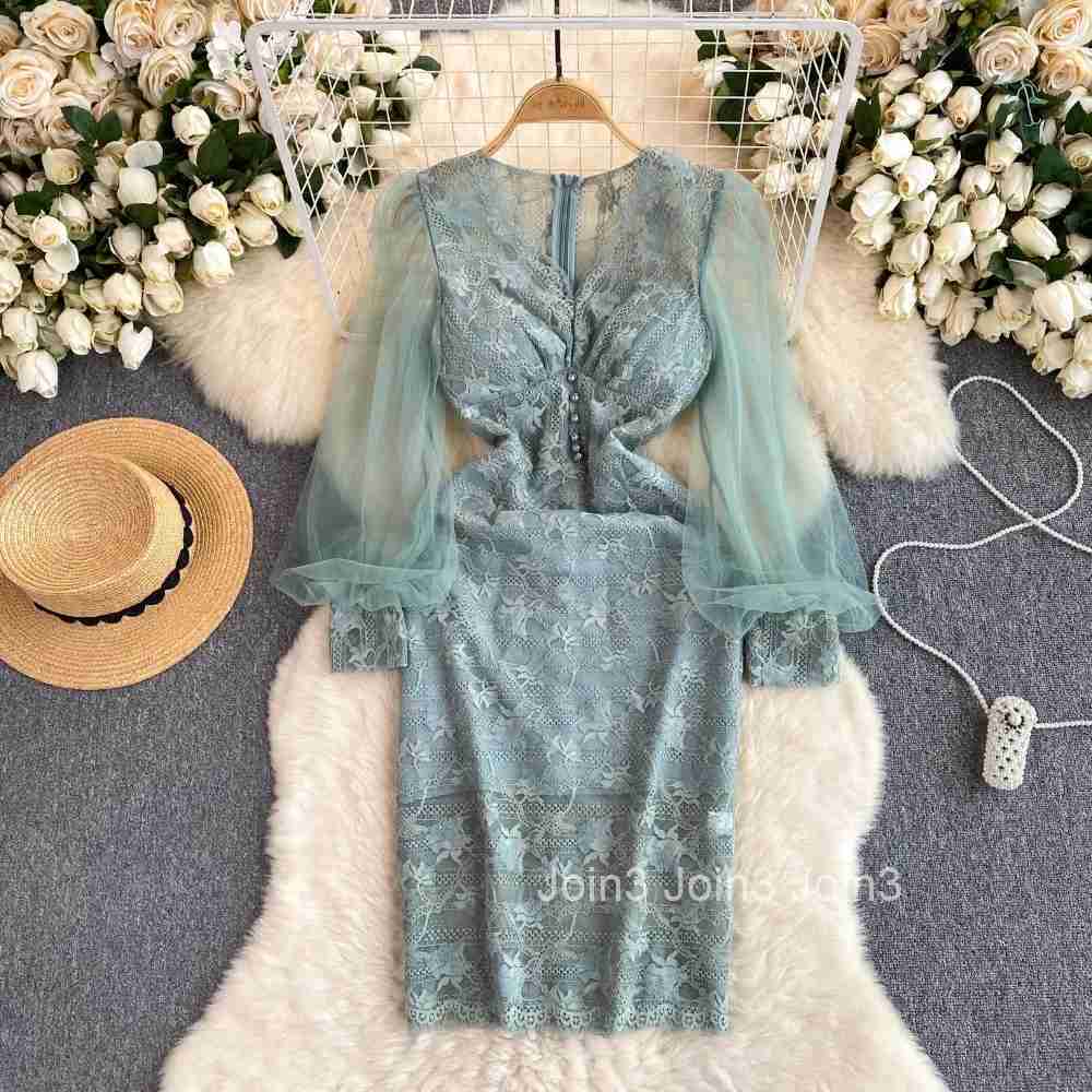 Retro lace Mesh Sheer Puff Sleeve v neck Chiffon sheer Dress Appear thin Women sexy Hip Wrap dresses