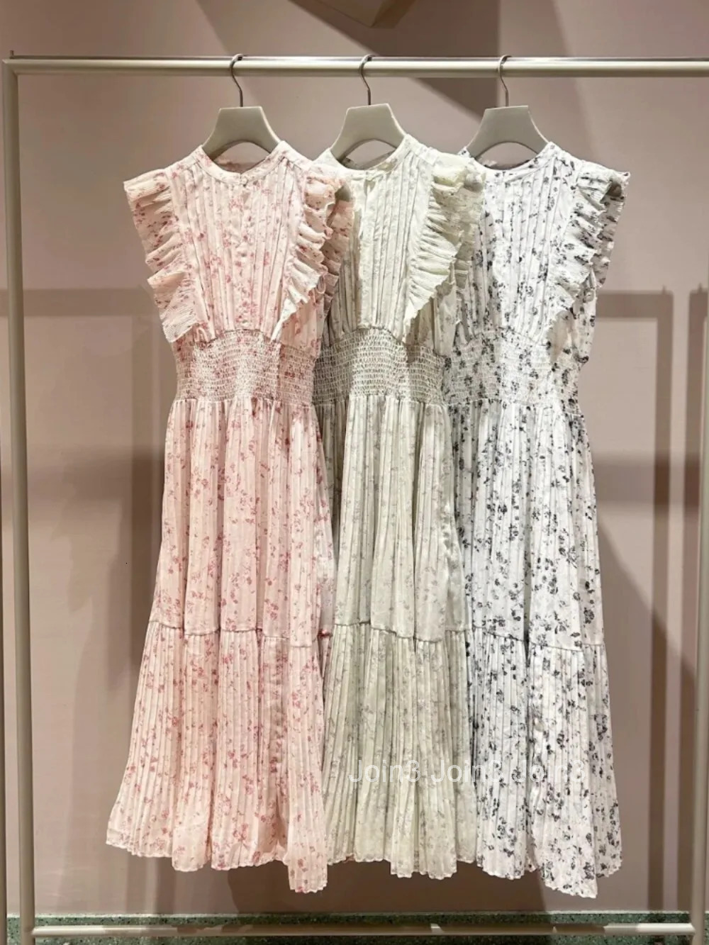 New Sweet O Neck Flying Sleeve Dress Ruffles Chiffon Print Patchwork Pleated Robe Japan Elegant Literary Casual Vestido