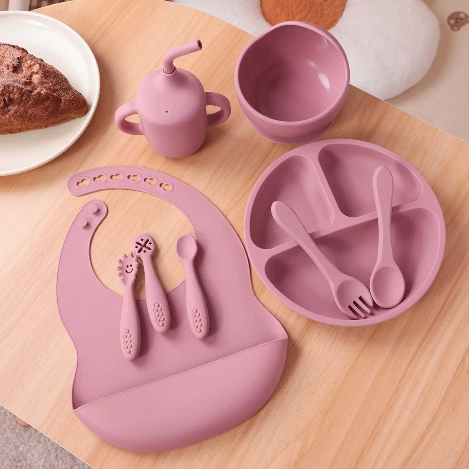 9PCS Baby Feeding Set Silicone Bowl Dishes Plate Waterproof Bib Suction Utensils Sippy Cup BPA Free Toddler Tableware X250806