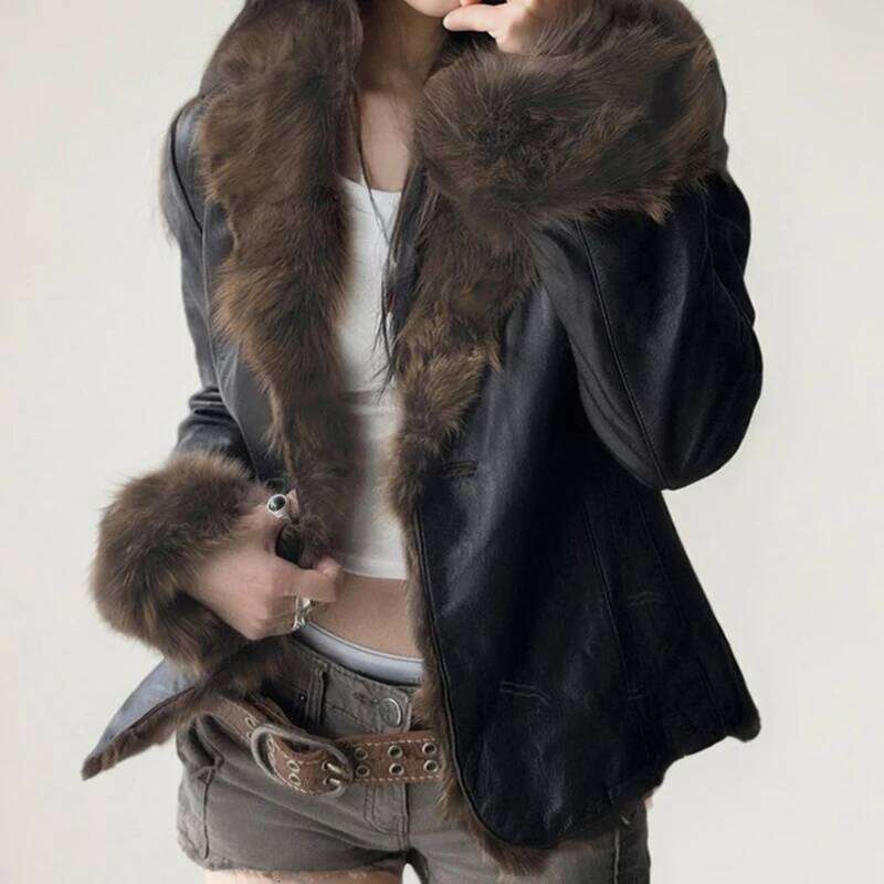 Faux Fur Patchwork Pu Leather Jacket Luxurious Furry Collar Warm Down Coats Winter Chic V-neck Cardigan Thick Outerwear