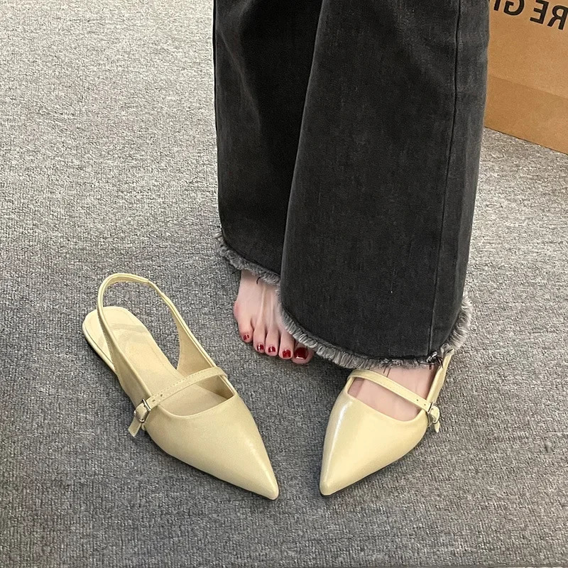 French Flat Black Baotou Sandals Fairy Shoes 2025 Spring and Summer Pointy Diamond Temperament Single Shoes Zapatos De Mujer 250731