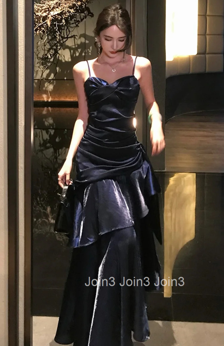 Elegant Spaghetti Strap Ruffles Womens Evening Dresses Fashion Princess Party Sleeveless Dress Summer Slim Waist Vestidos