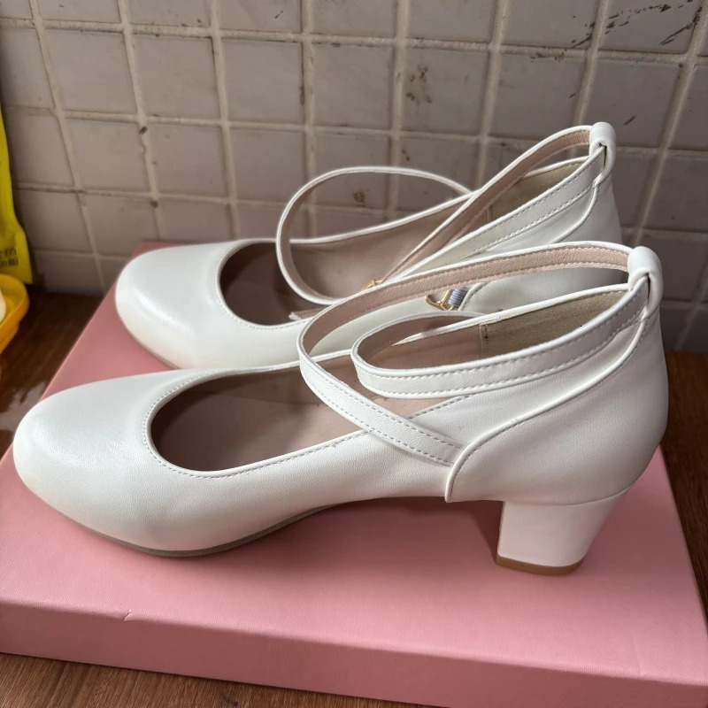 Womens Mary Janes Shoes Medium White Heels 2025 Spring Ankle Strap Black Heeled Office Wedding Dance Shoes Dress Pumps Elegant 250731