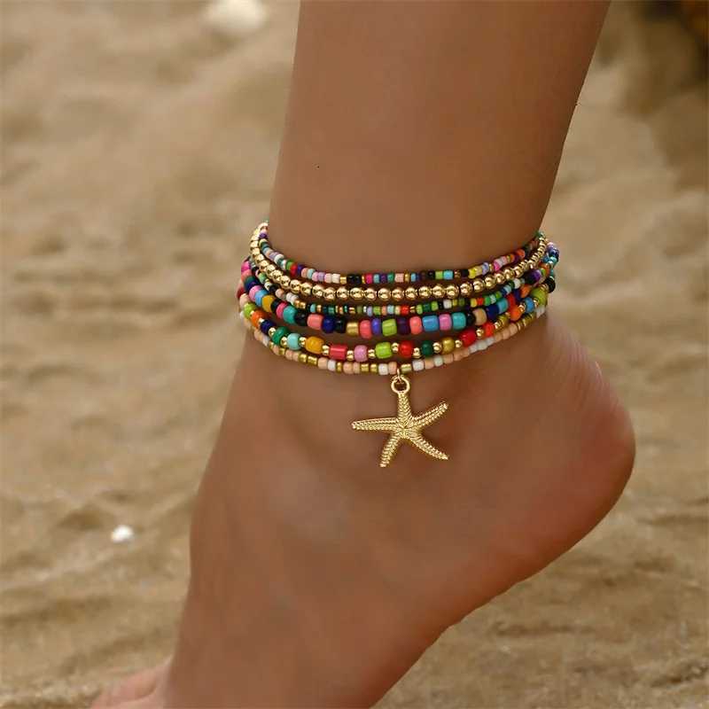 Bohemia Multilayer Rice Bead Anklet Set for Women Fashion Starfish Pendant Anklets Summer Sandy Beach Ankle Chain On Leg Jewelry Y250805