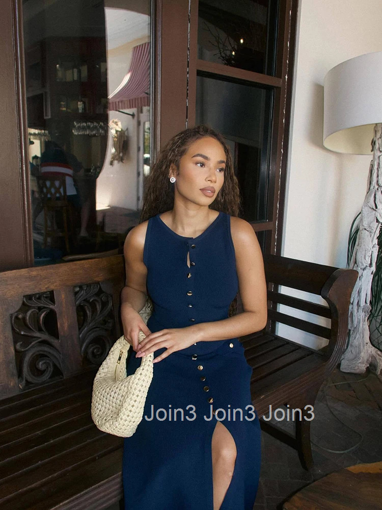 Elegant Knitted Long Dresses Women Summer O Neck Sleeveless Single Breasted Fake Pockets Bodycon Dress Fashion Office Lady Robes