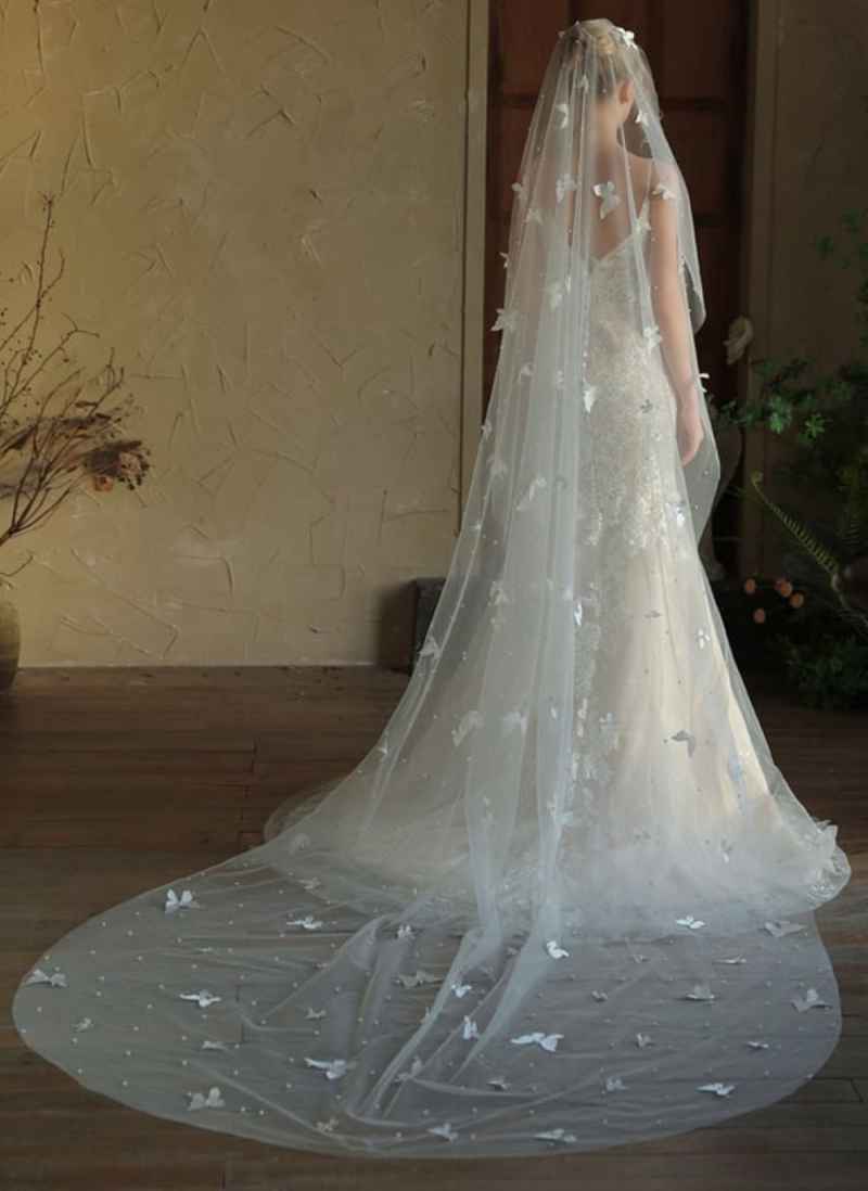 Romantic Butterfly Beaded Wedding Veil Without Comb One Layer Long Cathedral Bridal Veil Wedding Accessories Customized
