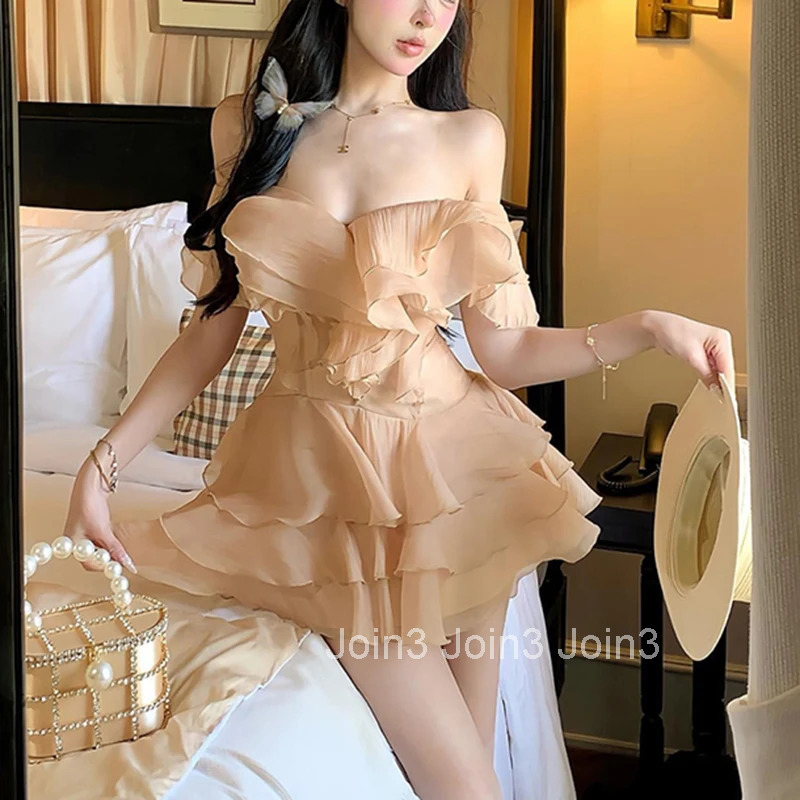 Elegant Mini Dress Women Party Prom Sexy Strapless Ruffles Patchwork Dresses Summer Korean Fashion Bodycon Chic A Line Vestidos