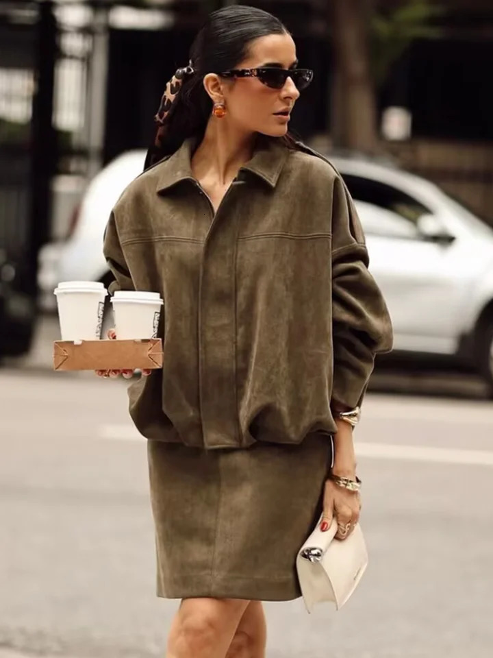 Yaphleet Women Army Green Suede Shorts Suits 2025 Fashion Ladies Soft Oversize Two Piece Set for Jogging Female Vintage Outfits 250804