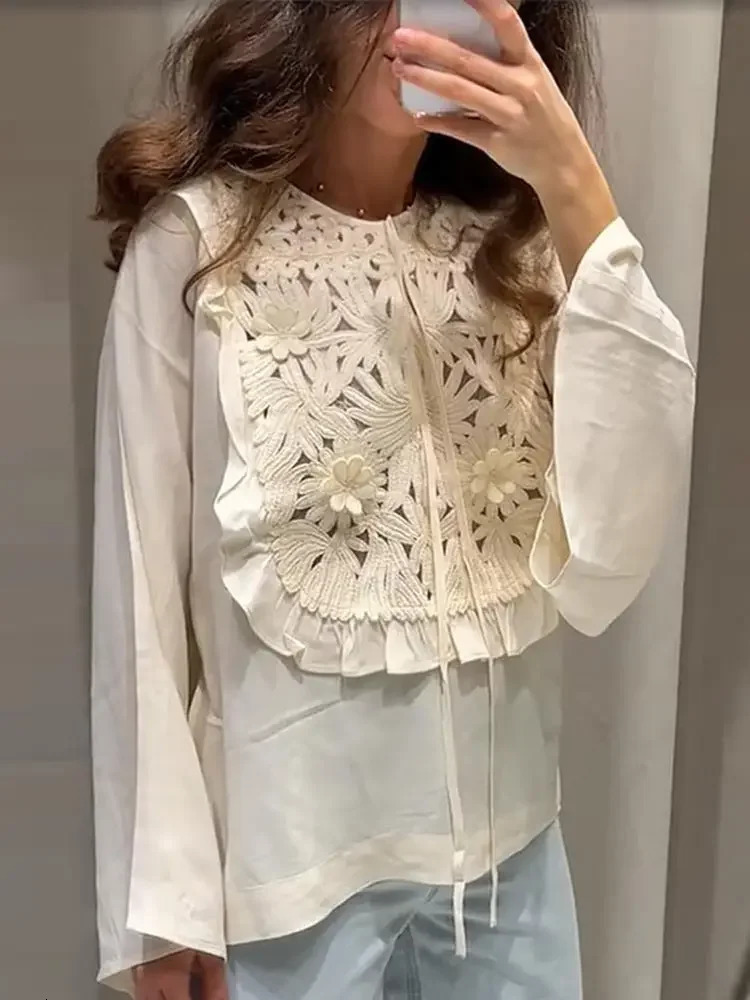 Chic Flared Sleeves O Neck Loose Lace Up Shirt Mini Skirts Elegant Floral Embroidered Skirt Set for Women Summer Lady 2 Pcs Suit 250804