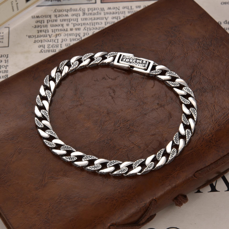 Retro Silver Made Old Cuban Bracelet Men's the Year of the Loong Gift Magnificent Simple Tang Grass Pattern Chain Width 7mm Factory Direct Sale