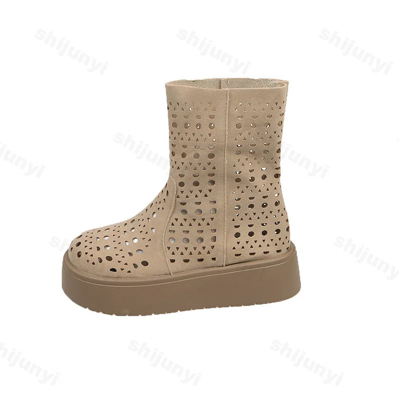 Women Short Boots 2025 Summer Suede Vintage Hollow Out Women Ankle Boots Anti-slip Fashion Breathable Platform Female Boots 250805
