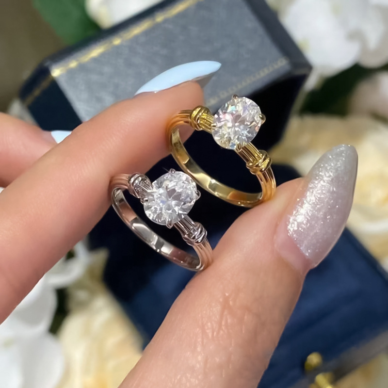 Hui Zhi Yi Jewelry S Silver Gold-Plated Oval 6*8mm Single mond for Women Simple and Elegant Starburst Women's Ring