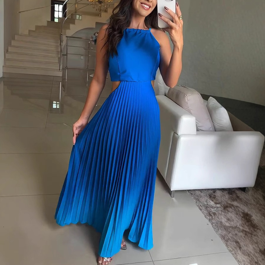 New European and American sleeveless trend pleated backless gradient dress for summer 2025, new designer dress