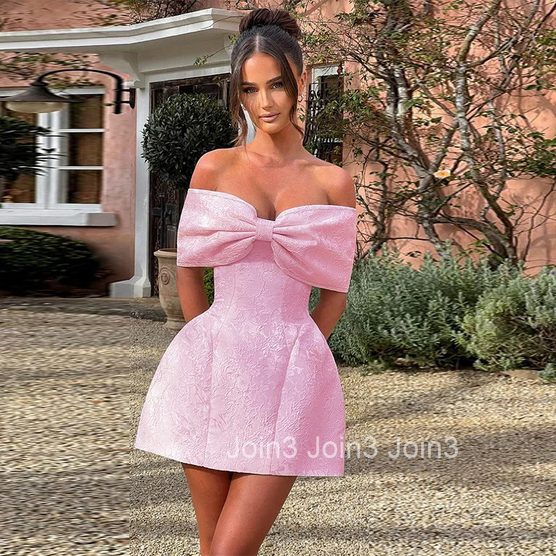 NIDANSSI Strapless Jacquard Backless Bow Evening Party Dress Women Robes Elegant Sexy Dress Bodycon Mini Summer Dress Vestidos