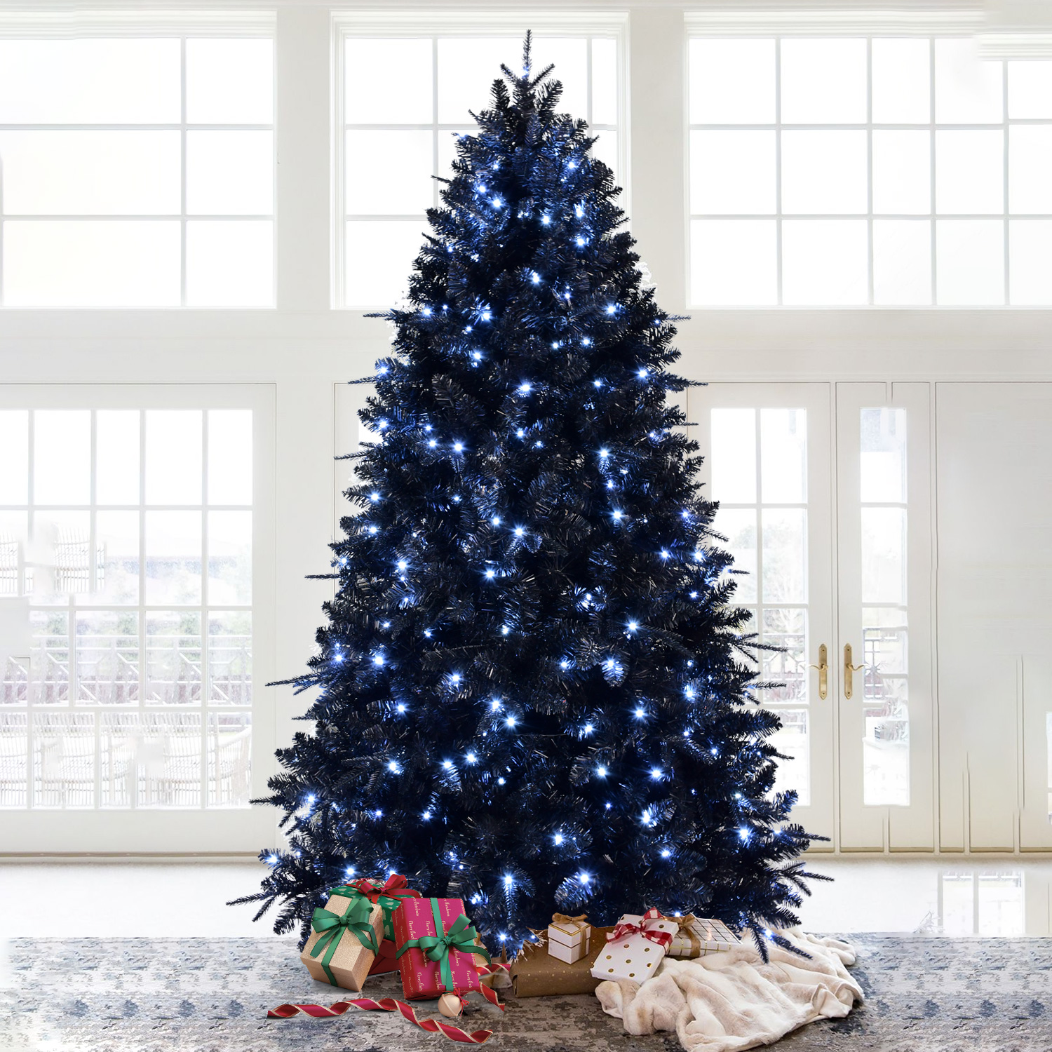 Black Christmas tree quality PE/PVC mixed tips with white led, Pre-lit design, saff and durableloe, Halloween decorations, 4-9ft