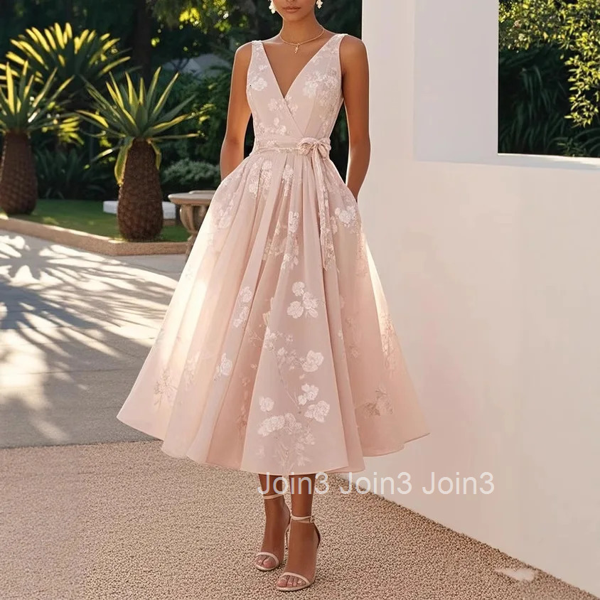 Stylish Temperament Printed Dress Elegant V-neck Mesh Sleeveless Waist Cinched Bow Dress Summer Women Long Dress Formal Dress