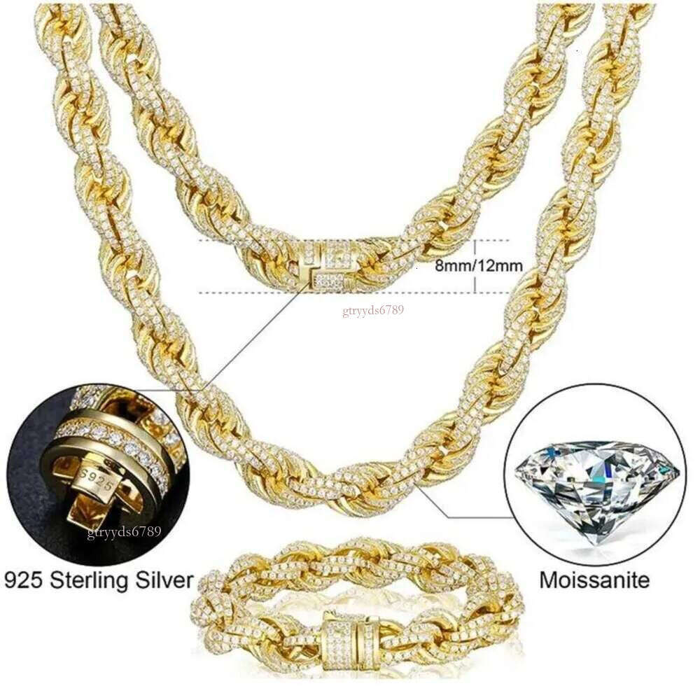 Hip-hop rapper Chain10mm Moissanite Dia Twist Rope Chain Sterling Sier Hiphop Iced Out Bling Rappers