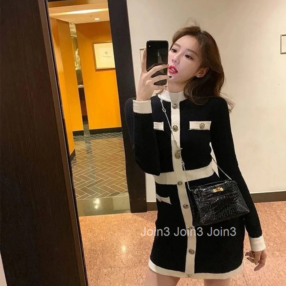 Fashion Korean Style Knitted Dress Winter White Black Women Knit Bodycon Dress Elegant Long Sleeve Dress Knitwear For Women