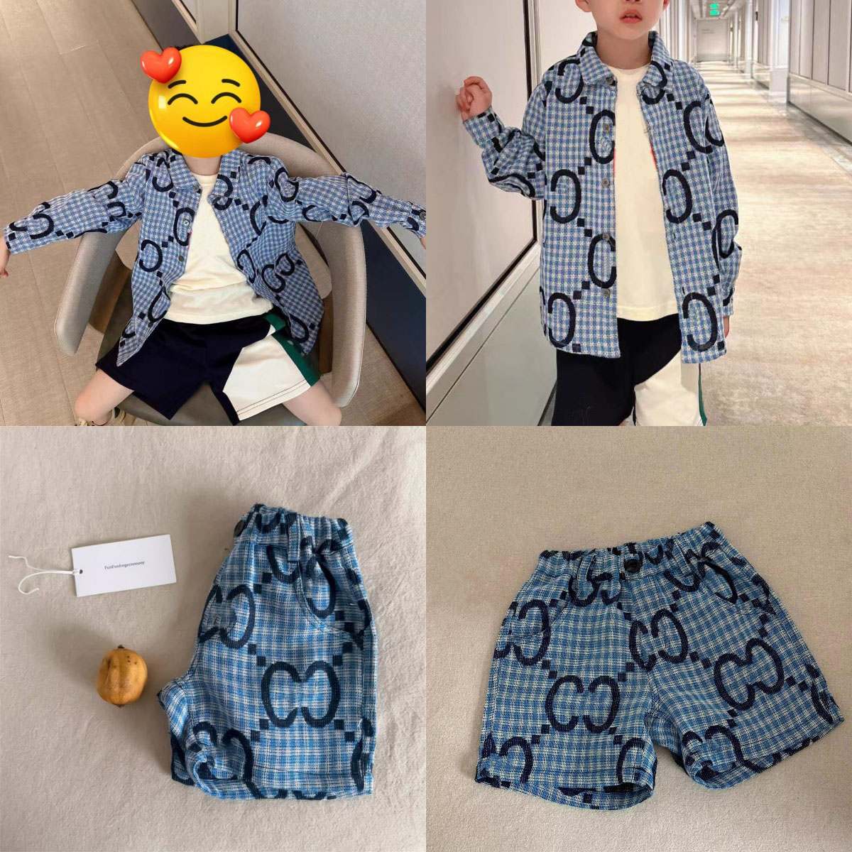 Trendy Kids Fashion Blue Plaid G Printed Designer 2-Piece Set Shirt + Shorts Baby Clothing Sets