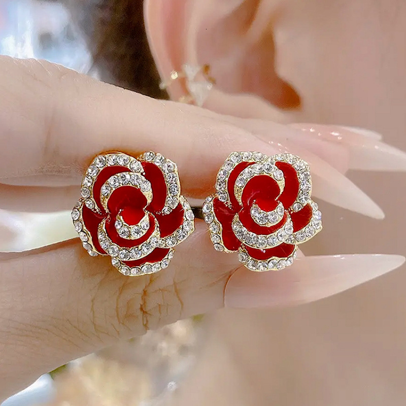 S925 Silver Needle Korean Women's Ear Nails Free Shipping Designer Luxury Jewelry Camellia Charm Ear Nails Fashion 3D Rose Ear Accessories