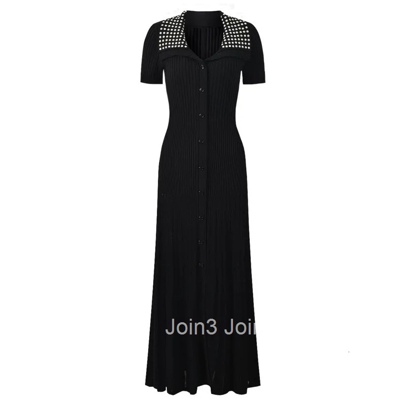 French Elegance Summer Womens Knit Dress | Notched Lapel Beaded Midi Dress | Slim Fit Short Sleeve Tunic