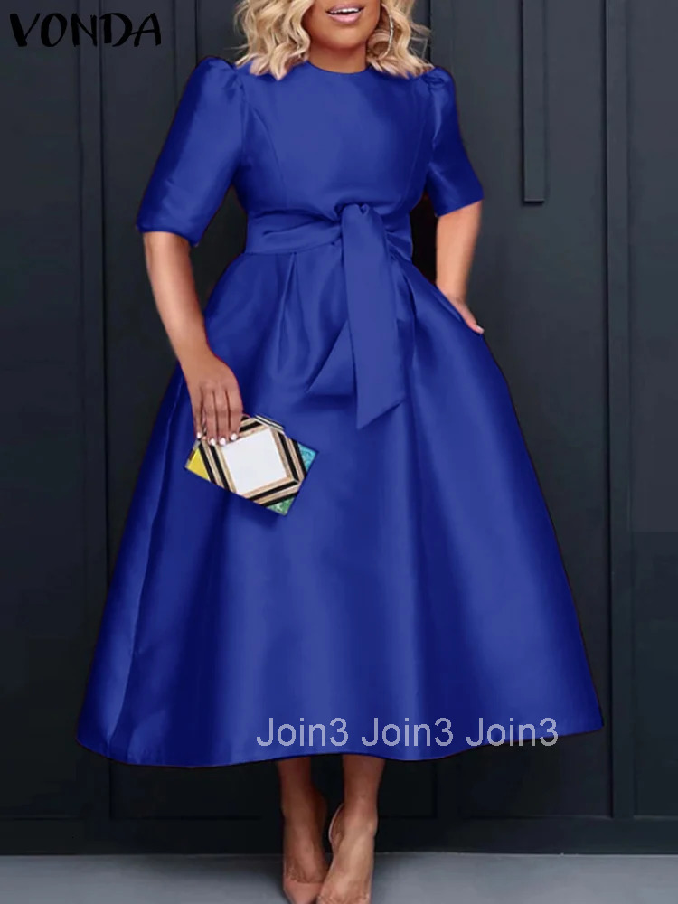 VONDA Elegant Women Satin Short Sleeve Midi Dress Summer Vestidos Casual Belted Loose Solid Color Long Sundress Oversized